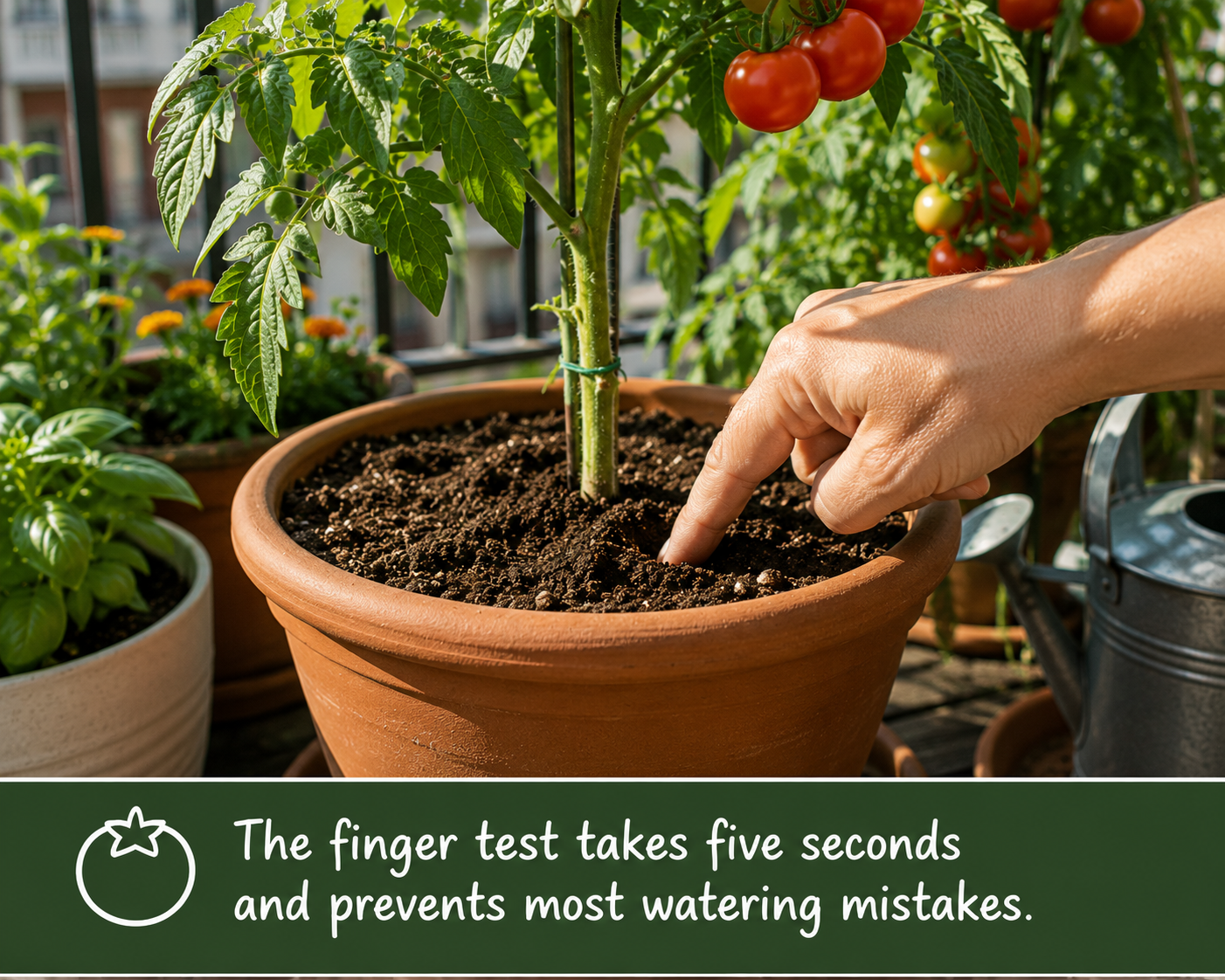 Checking tomato soil moisture with finger