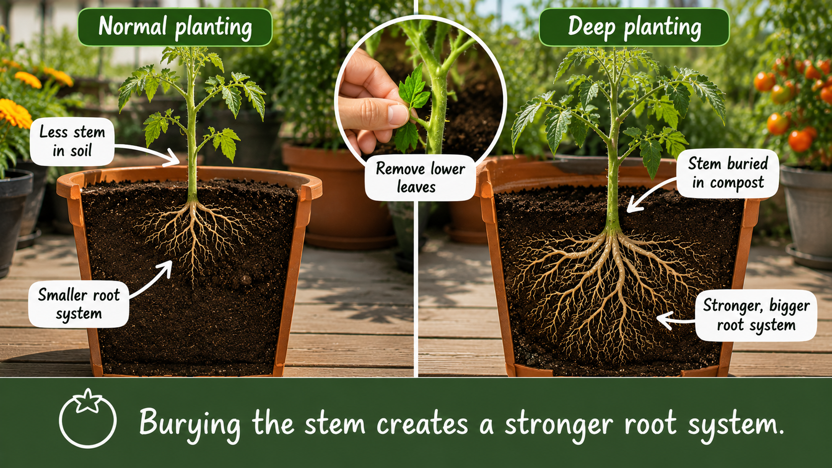 Normal planting compared with deep planting a tomato seedling to create stronger roots