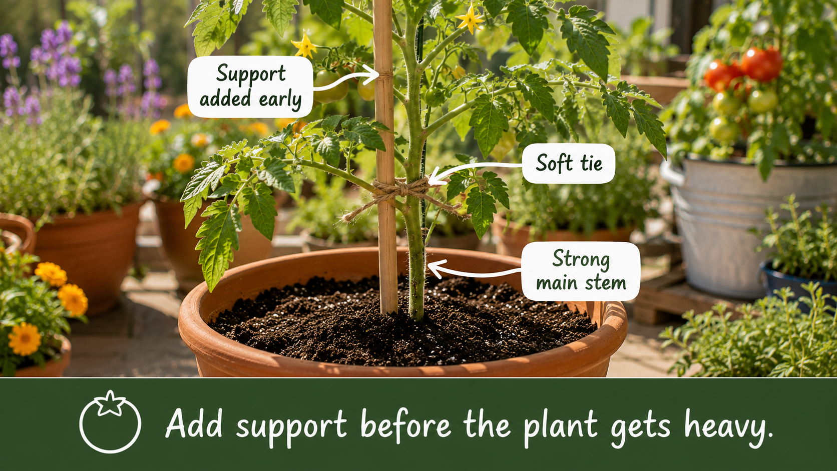 Young tomato plant supported early with a bamboo cane and soft tie