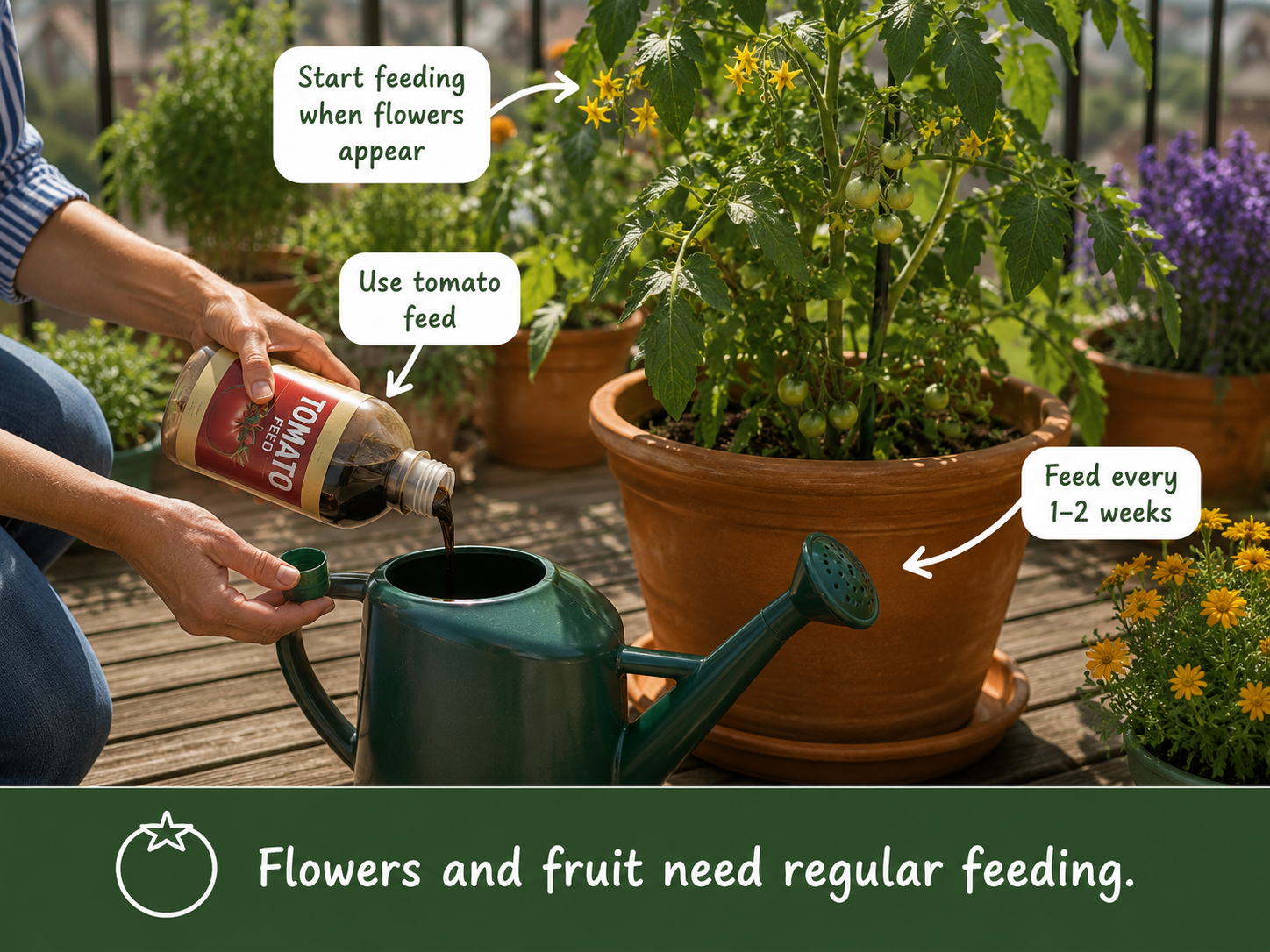 Adding liquid tomato feed to a watering can beside a potted tomato plant
