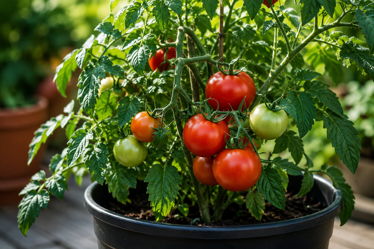 Tomatoes growing in pots